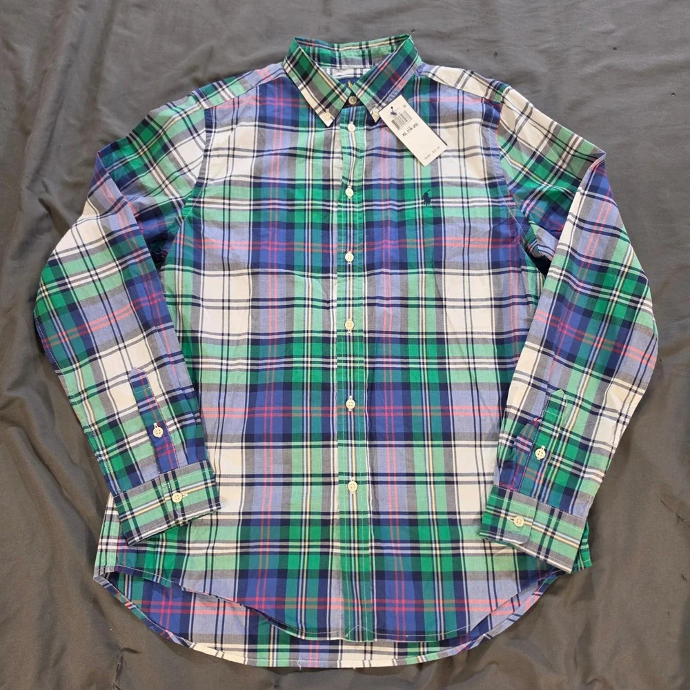 Ralph Lauren Boys XL 18-20 Green Blue Plaid Natural Stretch Button Down Shirt